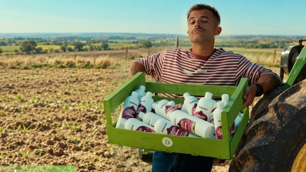 El creador Iban García con una caja de champú de cebolla de Babaria en una huerta de Cebolla
