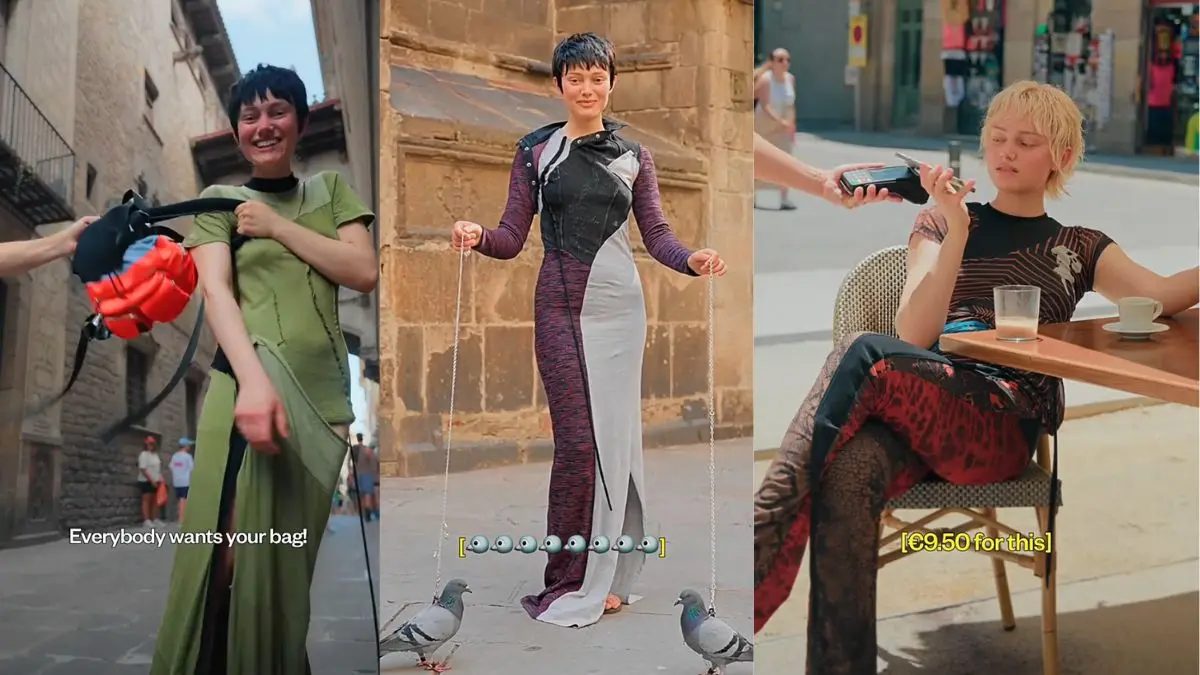 Fotogramas del vídeo de Desigual con los rótulos sobre el bolso y el café