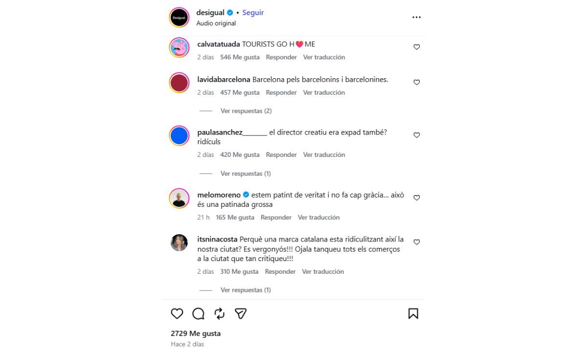 Captura de comentarios negativos en la publicación de Desigual en Instagram