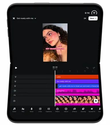 Edits en el iPhone Duo con la vista previa del vídeo y la línea de tiempo en la misma pantalla