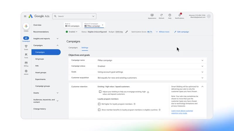 Opciones de retención de clientes en la configuración de una campaña de Performance Max