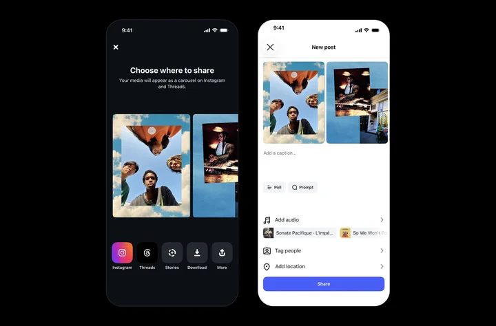 Pantalla de Edits para elegir dónde compartir el carrusel y pantalla de nueva publicación de Instagram