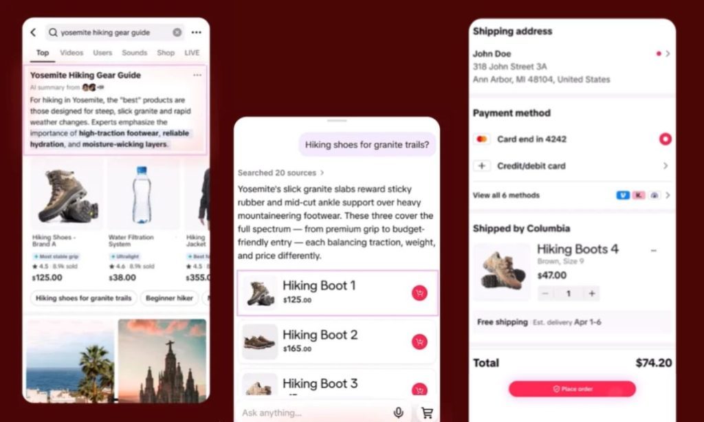 Capturas de la interfaz de Shopping Assistant de TikTok: búsqueda, recomendaciones y carrito